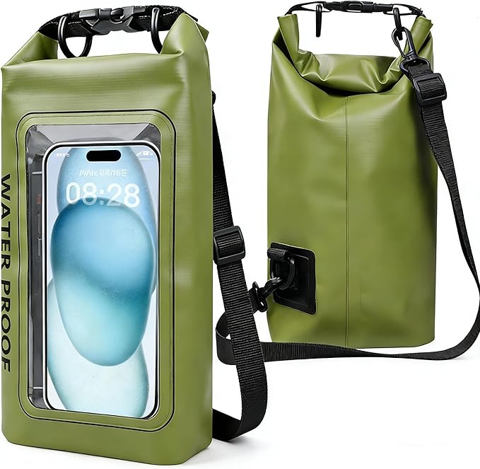 Waterproof Dry Bag, 2L Roll Top Waterproof Bag IPX8 with Crossbody Strap, Phone Clear Window, Phone Pouch Water Protector for Camp Beach Travel, Cruise Essentials, Kayak Accessories (Army Green)
