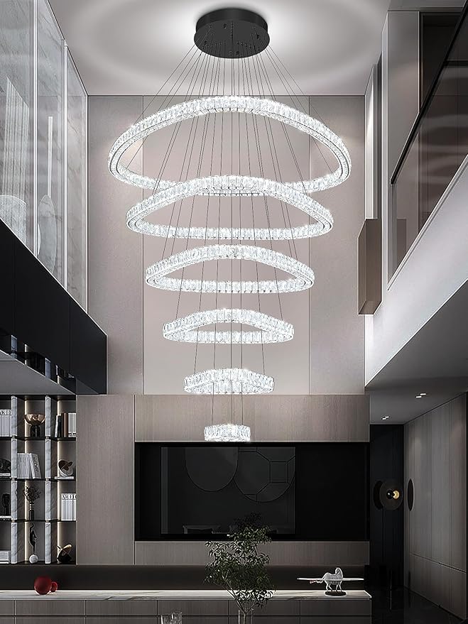 Flashing God Modern 6 Ring Crystal Chandeliers for High Ceiling Large Foyer Chandeliers LED Dimmable Crystal Ceiling Light Fixtures for Entryway Living Room Staircase Black