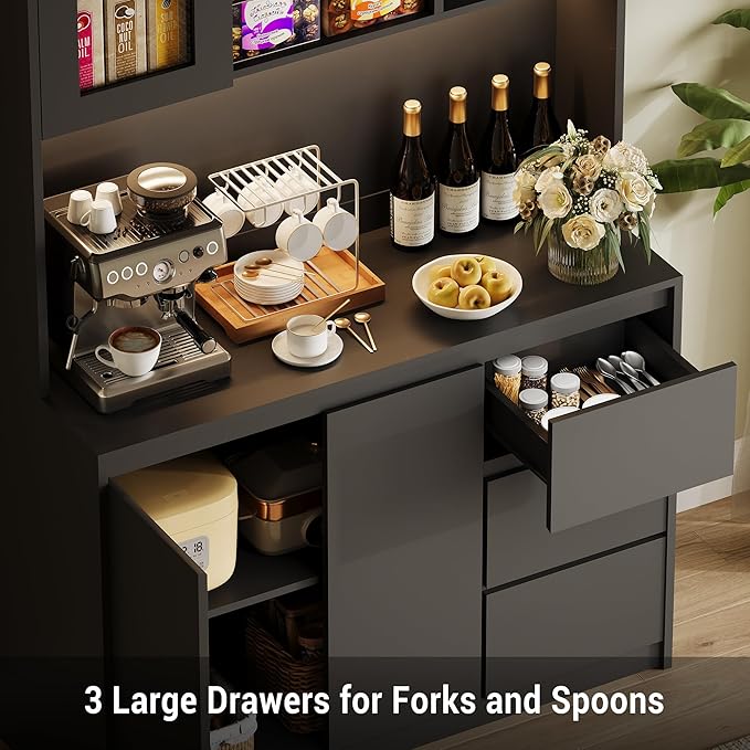 Garvee Kitchen Pantry Cabinet,71 in Tall Storage Cabinet with Doors and Shelves Adjustable, Kitchen Storage Hutch with Microwave Shelf, Led Lights and Charging Station,Corner Pantry Cabinet, Black