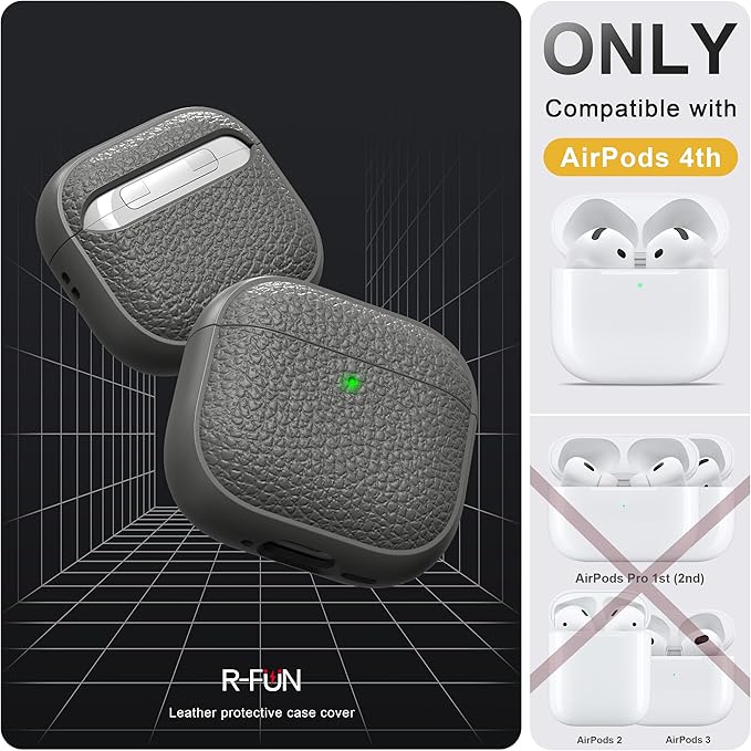 R-fun for Airpods 4 Case, Soft TPU (Leather-Like Design) Drop Protection Cover for Men and Women with Lanyard and Cleaner Kit, Compatible with Apple Latest Airpods 4th Gen(USB-C)(2024)-Grey