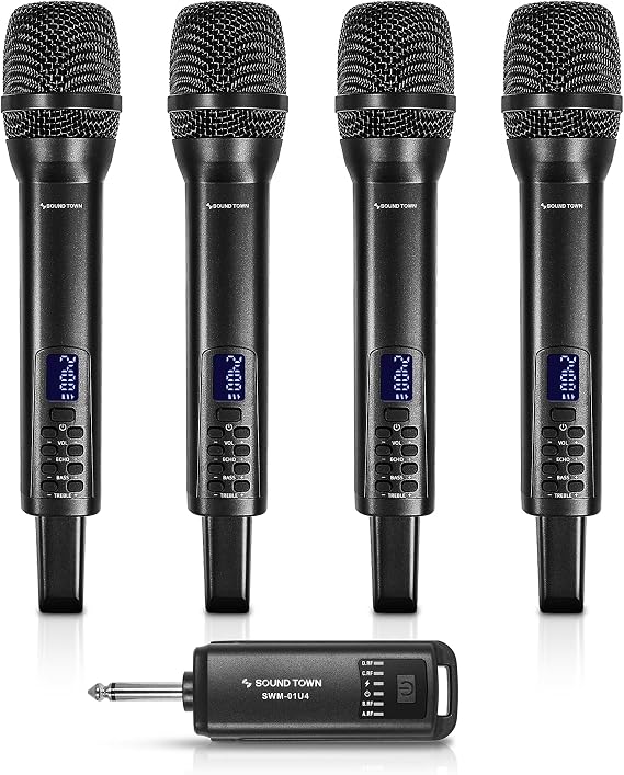 Sound Town 2.4GHz Rechargeable Wireless Microphone System with 4 x Handheld Mic, 1/4" Mini Portable Receiver, Built-in EQ, Effects for Karaoke, Events, Church, Meetings (SWM-01U4)