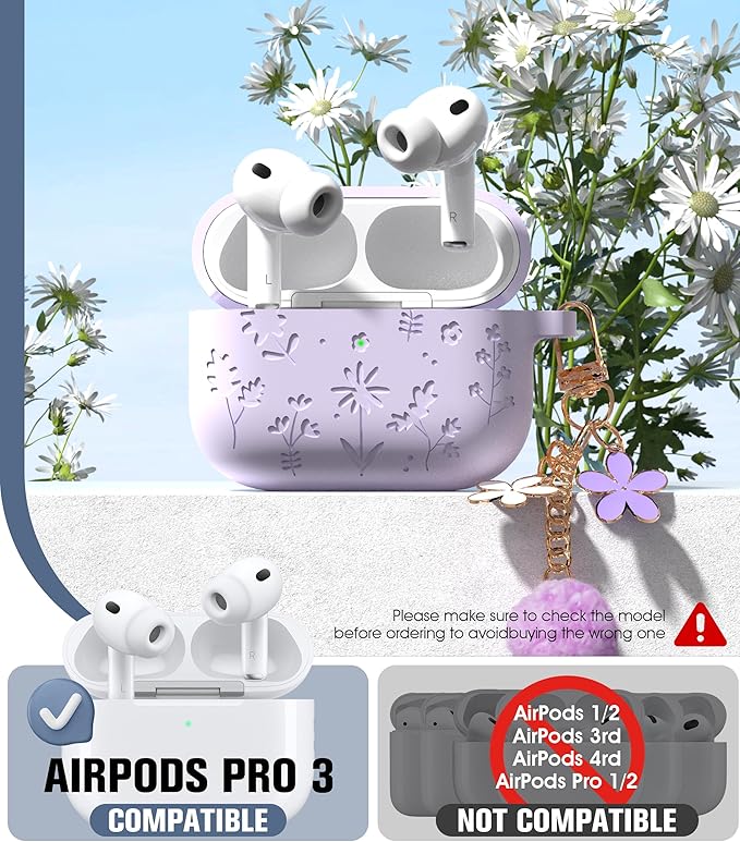 Seltureone Compatible with AirPods Pro 3 Case 2025 Cute with Cherry Blossom Keychain and Cleaning Kit, Soft Silicone Shockproof Flower Engraved Compatible with AirPod Pro 3 Case Cover - Light Purple