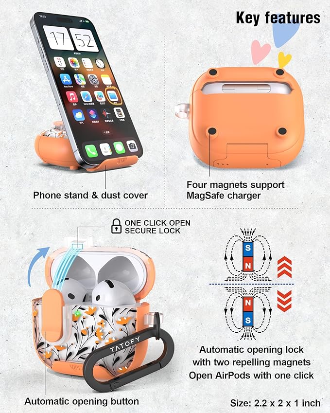 TATOFY for AirPods 4th Generation Case with Phone Stand Lanyard Lock Cleaning Kit, Compatible with Magsafe, Flowers Hard AirPod 4 Cover for Women (Orange, AirPods 4th)