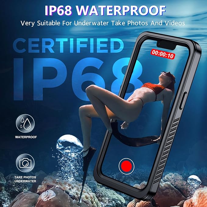 Red2Fire 2024 New for iPhone 13 Case Waterproof,[Built-in Screen Protector & Camera Protector][Full Body Shockproof][IP68 Underwater][Dustproof][Dropproof] Phone Case for iPhone 13 6.1" Black/Clear
