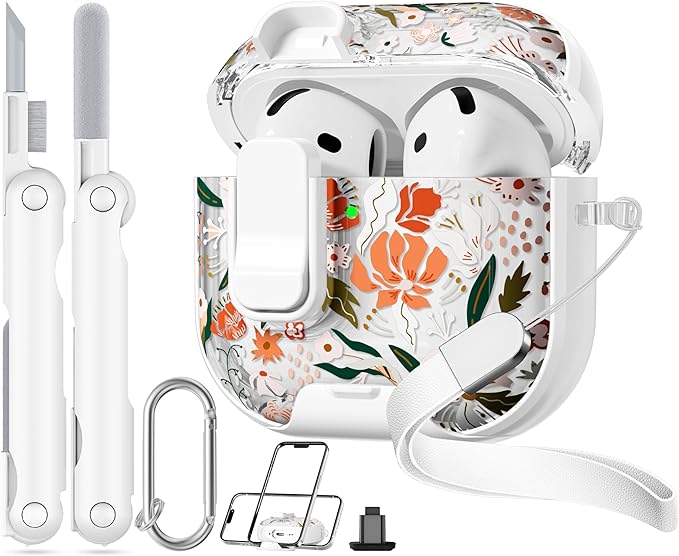 with Safety Lock for Apple AirPods 4 Case,Clear Floral Cute AirPod 4th Generation Case with Phone Stand & Cleaning Kit for Women Girly-Orange Flower