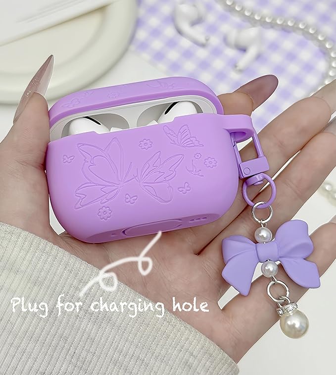 for AirPods Pro 2 Case Cover with Bow Keychain, DamonLight Cute Flower Floral Engraved Silicone Protective Case Cover Compatible with Apple Airpods Pro 2 Case for Women and Girls, Purple