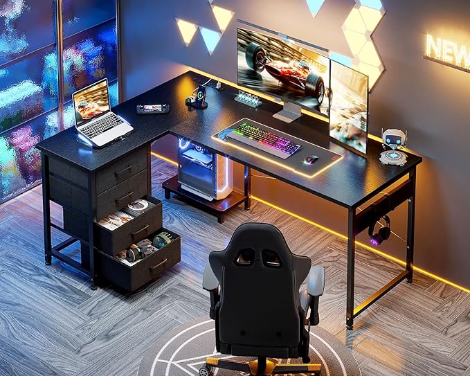 AODK L Shaped Gaming Desk with 4 Drawers, 53" Reversible Home Office Desks with Power Outlets, L Shaped Computer Desk with USB Charging Port and Host Stand, Corner Desk, Easy to Assemble, Black
