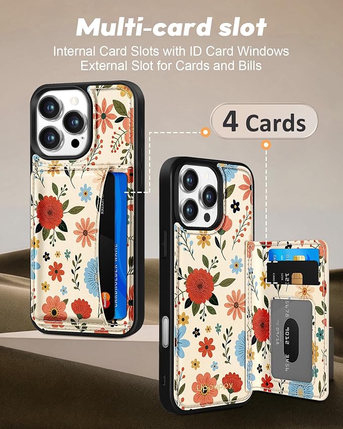 for iPhone 16 Pro Max Case with Wallet - Fits 4 Card Slots, Compatible with MagSafe for Women Aesthetic PU Leather Credit Card Holder Kickstand Phone Cover for Apple 16 Promax, Beige Flower