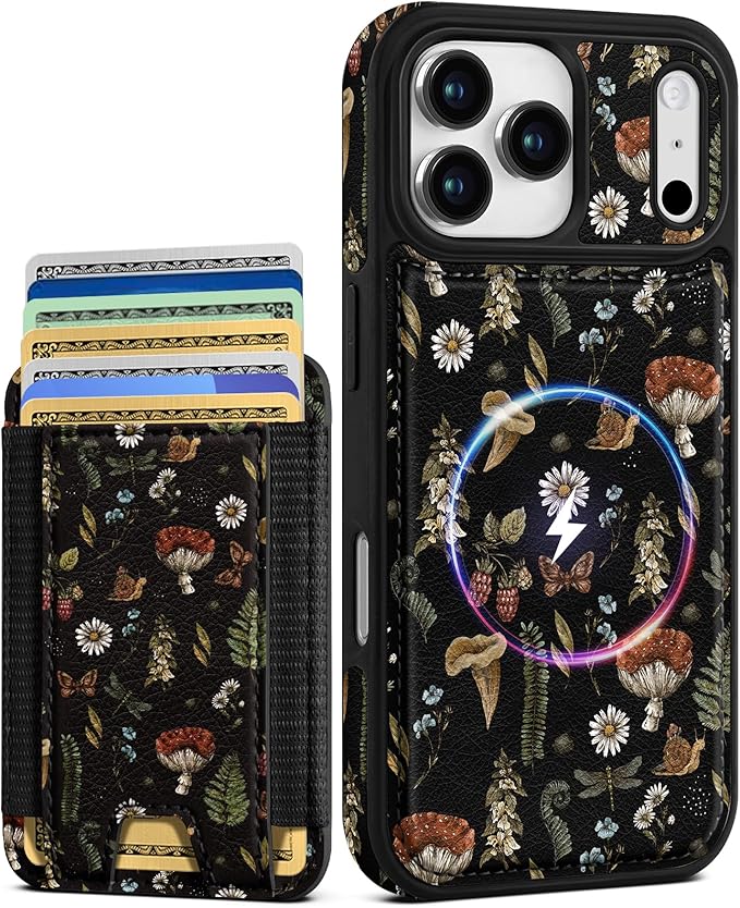 Shorogyt for iPhone 17 Pro Case Wallet - Fits 5 Cards, Compatible with Magsafe Detachable Magnetic Credit Card Holder Leather Cardholder Cute Phone Cover Women Girls for Apple 17Pro, Mushroom