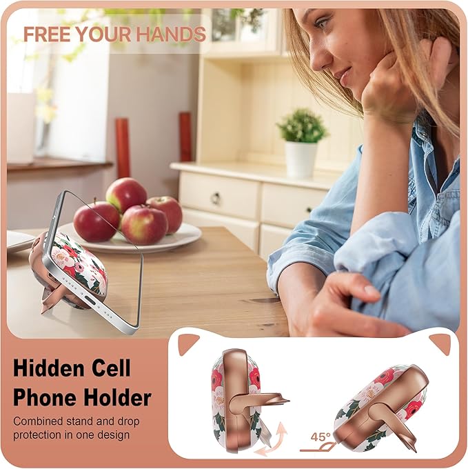 RFUNGUANGO AirPods 4 Case for Women Girly Cat Case with Lock, Phone Stand, Keychain & Cleaner Kit, Compatible with Apple Airpods 4th Generation Case Cover, Rose Gold Flower