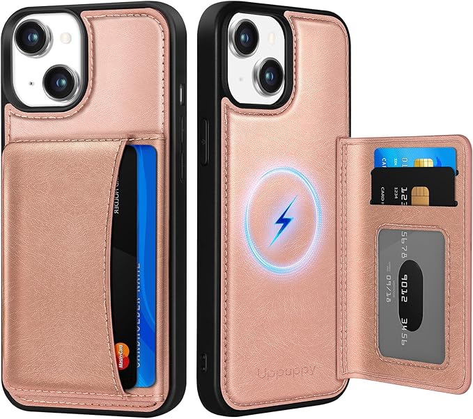 for iPhone 15 Case with Wallet - Fits 4 Card Slots, Compatible with MagSafe for Women Aesthetic Durable PU Leather Credit Card Holder Kickstand Phone Cover for Apple 15, Rose Gold