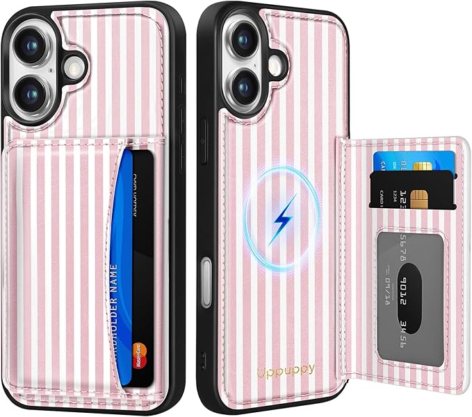 for iPhone 17 Case with Wallet - Fits 4 Card Slots, Compatible with MagSafe for Women Aesthetic Durable PU Leather Credit Card Holder Kickstand Phone Cover for Apple 17, Stripes