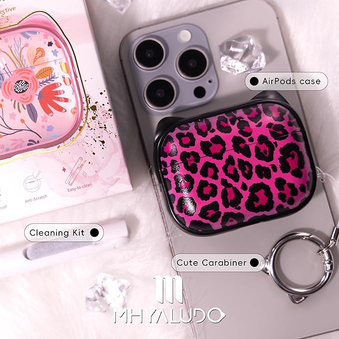 for AirPods Pro 2 Case with Cleaning Kit, Cute Cat Ear Print Design & Cute Buckle for Girls, Phone Holder & Top Safe Lock Buckle Design for AirPods Pro 2nd/1st Gen case, Rose Leopard