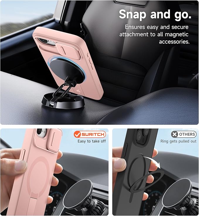 SURITCH for iPhone 17e/16e Case with Magnetic Camera Slide Cover and Adjustable Kickstand, Compatible with MagSafe, Shockproof Bumper Case Slim Protective Cover 6.1 Inch,Pink