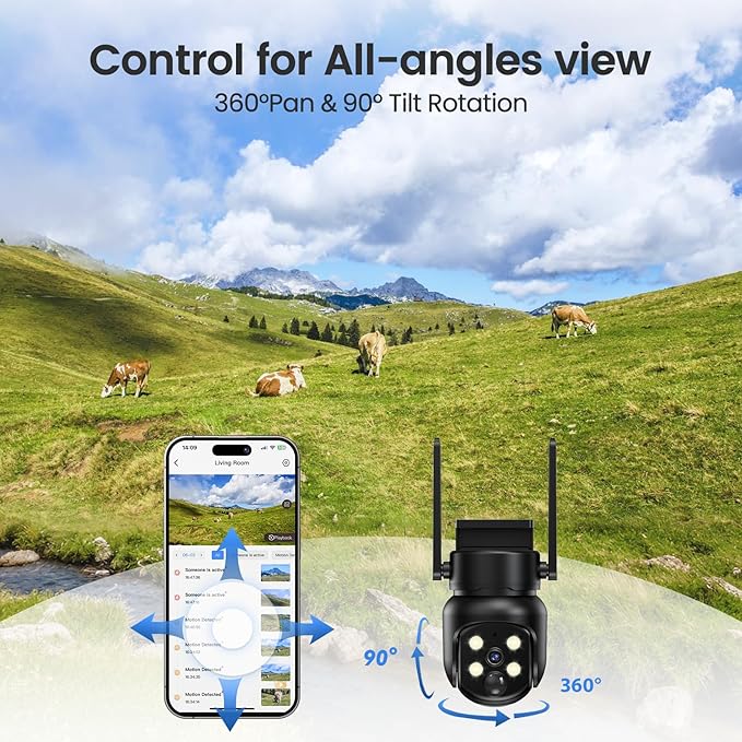 4G Cellular Wireless Outdoor 360° View Security Camera, No WiFi Needed, SIM Included, Solar & 9000 mAh Battery, 2K, PIR Alerts, Night Vision, IP65, SD/Cloud Storage