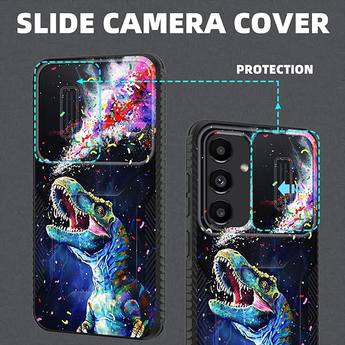 for Galaxy S26 Case Built in Slide Camera Lens Cover,Heavy Duty Shockproof Protection Dual Layer Case for Samsung Galaxy S26 6.3" 2026,Colorful Cool Dinosaur