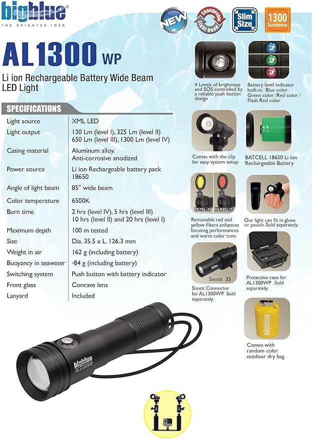 Bigblue AL 1300 Lumen Wide Beam Dive Light