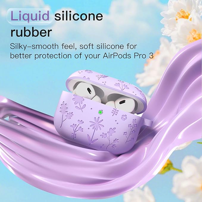for AirPods Pro 3 Case (2025) DamonLight Floral Engraved Shockproof Protective Soft Silicone Case Cover with Cleaning Pen and Floral Keychain for Apple Airpods Pro 3rd Generation (Purple)