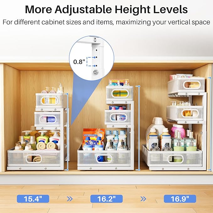 HERJOY Under Sink Organizer, 1-Pack 3-Tier Height Adjustable Thickened Metal Pull out Cabinet Organizer Shelf, Slide out Storage Drawer Rack for Bathroom Kitchen Pantry Home Laundry Organization