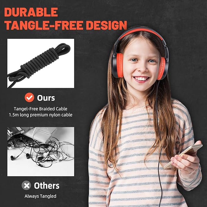 Orange Wired Headphones for Boys Portable On Ear Youth Headphones for School Airplane Travel Lightweight Portable Compatible with Pad Computer Laptop for Adults Student Children Girls Kids