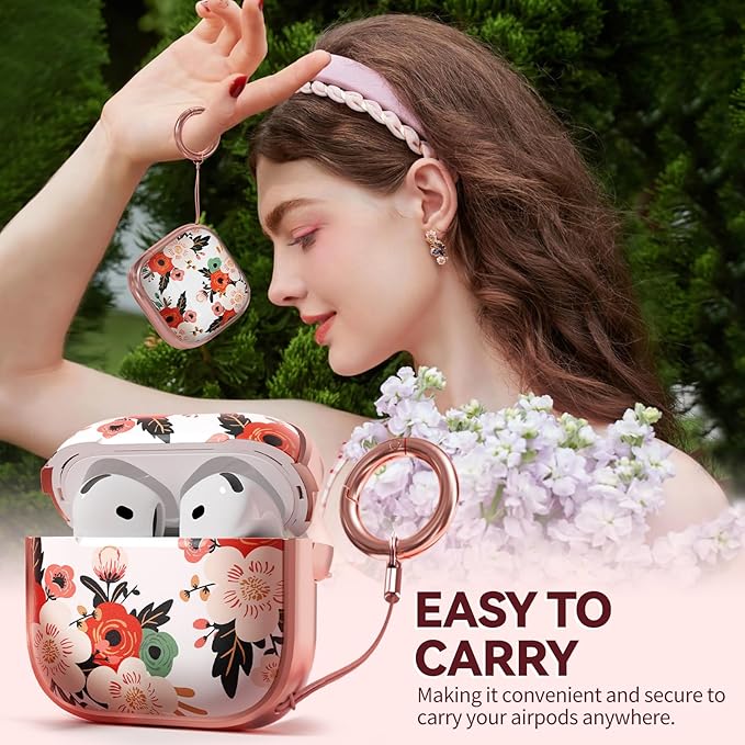 Inesore with Safety Lock for AirPods 4 Case,Clear Floral Cute AirPod 4th Generation Case for Women Girly with Cleaner Kit and Keychain-White Peony