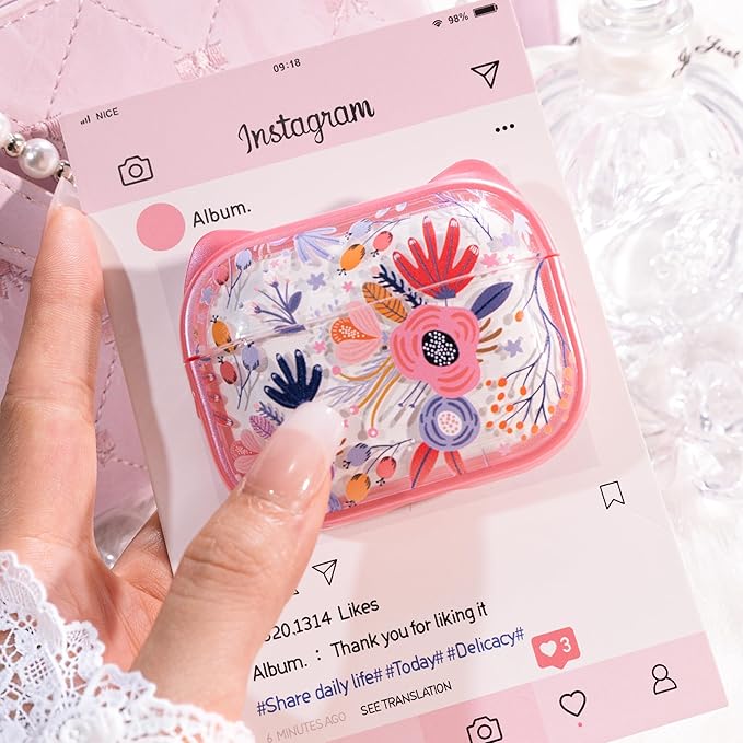 for AirPods Pro 2 Case with Cleaning Kit, Cute Cat Ear Print Design & Cute Buckle for Girls, Phone Holder & Top Safe Lock Buckle Design for AirPods Pro 2nd/1st Gen case, Clear Flowers