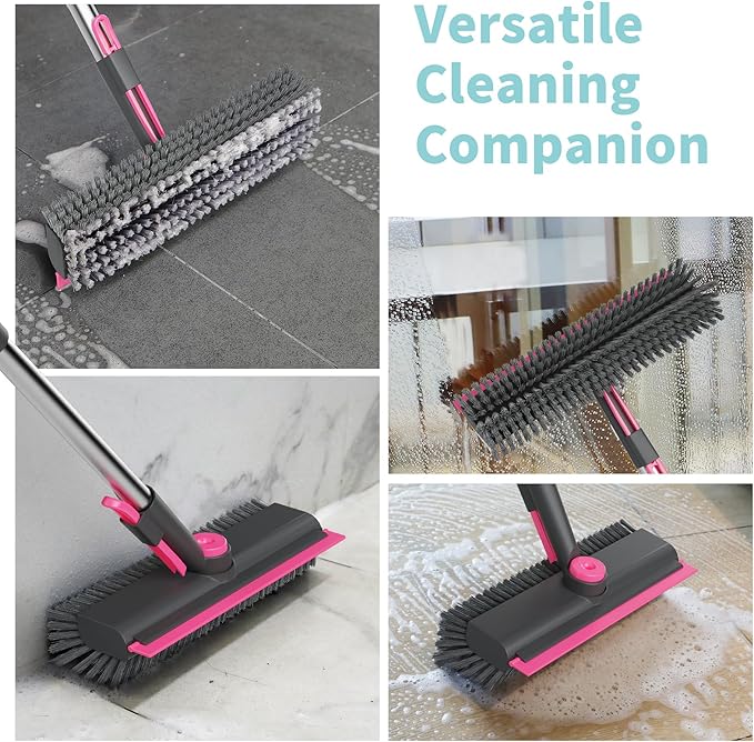 AIR U+ Floor Scrub Brush with Long Handle, 3 in 1 Scrape and Heavy-Duty Stiff Bristle Scrubber Brush for Cleaning Shower Bathroom, Patio, Garage, Kitchen, Wall and Deck, Gray and Pink
