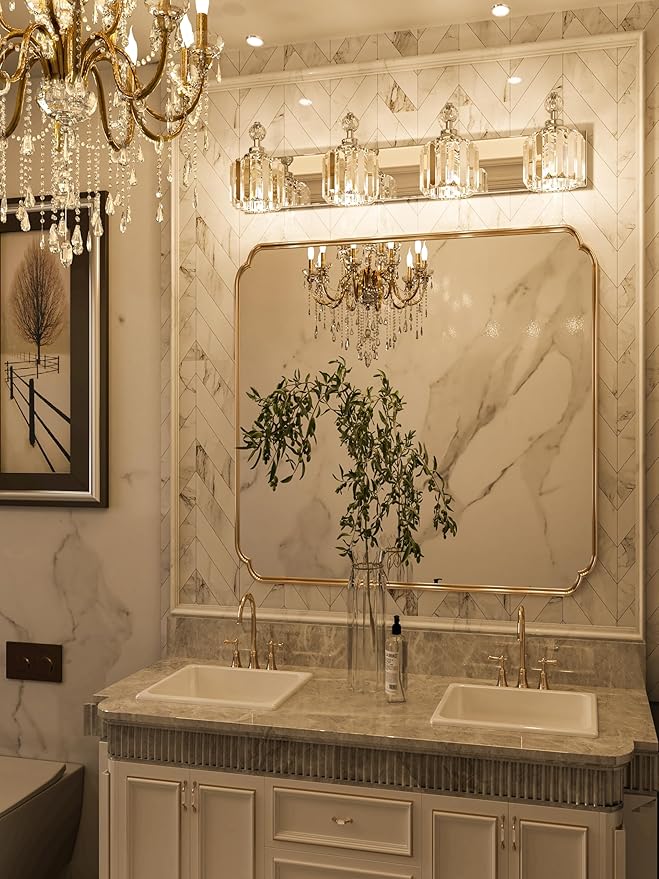 4-Light Bathroom Vanity Light - Crystal Bathroom Lighting Fixtures Over Mirror with 60w(Max) E12 Base, 56pcs Crystal Sheet, Chrome Vanity Lights for Bath Room