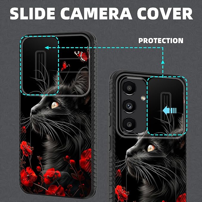 for Galaxy S26 Plus Case Built in Slide Camera Lens Cover,Heavy Duty Shockproof Protection Dual Layer Case for Samsung Galaxy S26 Plus 6.7" 2026,Black Cat Flowers and Butterflies