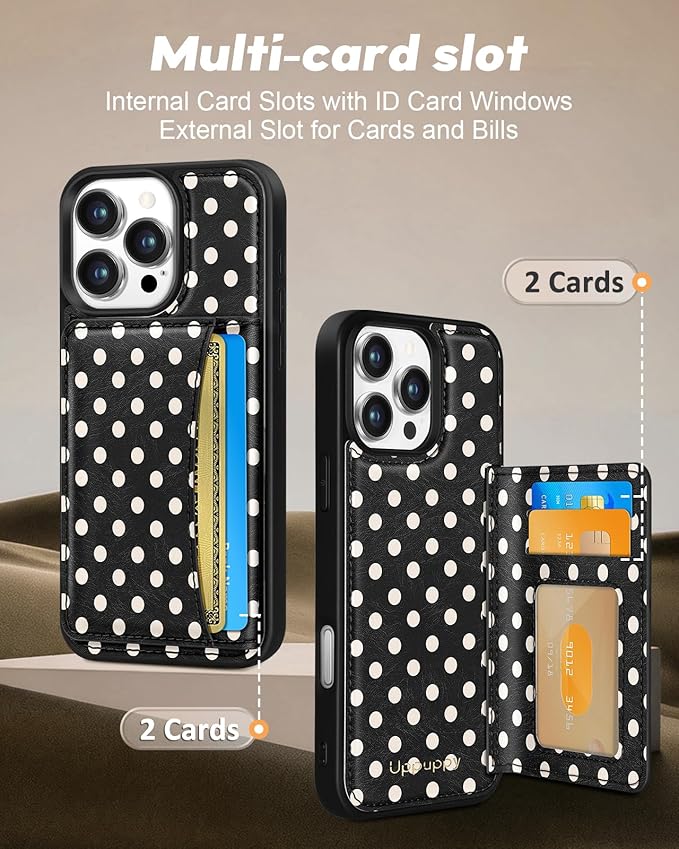 for iPhone 13 Pro Case with Wallet - Fits 4 Card Slots, Compatible with MagSafe for Women Aesthetic Durable PU Leather Credit Card Holder Kickstand Phone Cover for Apple 13 Pro, Black Polka