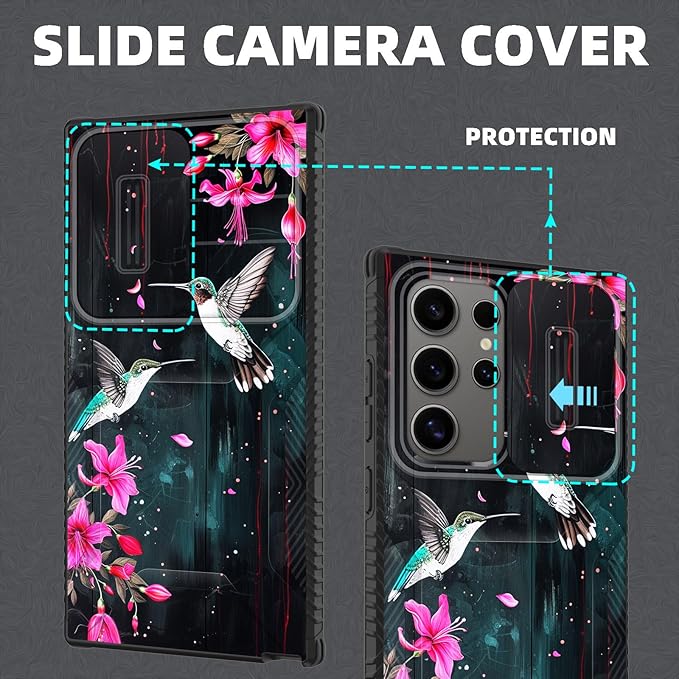 for Galaxy S25 Ultra Case Built in Slide Camera Lens Cover,Heavy Duty Shockproof Protection Dual Layer Case for Samsung Galaxy S25 Ultra 6.9" 2025,Flower Hummingbird