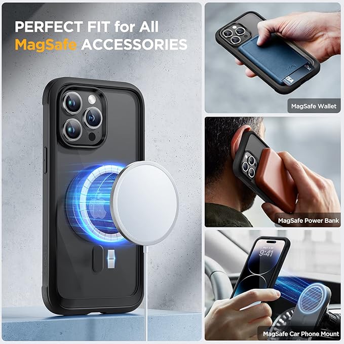 Miracase Magnetic for iPhone 14 Pro Case 6.1 inch, (Compatible with MagSafe) Upgrade Full-Body Clear Phone Bumper Case with Built-in 9H Tempered Glass Screen Protector, Black