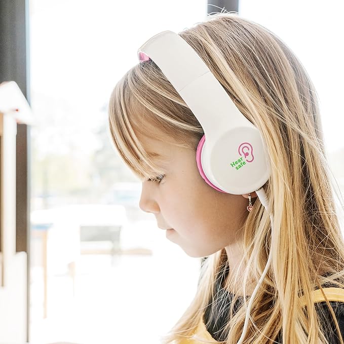 Clevy Kids Headphones Over-Ear 3.5mm Jack Wired Headphones for School - 5ft Tangle-Free Cord with HD Mic, 85dB Volume Limited for iPad/Computer, Foldable Girls/Boys Durable Carrying Case (Pink)