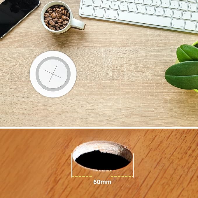 Desk Wireless Charger, JE Make IT Simple 15W Fast Charging Station Desktop Grommet Sleek Invisible Power Charging Pad, for iPhone 16/15/14/13/12 Series, Samsung, Airpods and Qi-Enabled Devices (White)