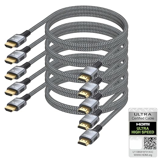 Certified HDMI Cable 5-Pack,3FT HDMI 2.1 Cord Multi Pack, HDCP HDMI 2.1 Braided Cable 48Gbps 8K@60Hz 4K@144Hz, eARC HDCP 2.3, PS5 HDMI Cable for PS5/PS4, Xbox, Switch, PC, Monitor, Roku TV