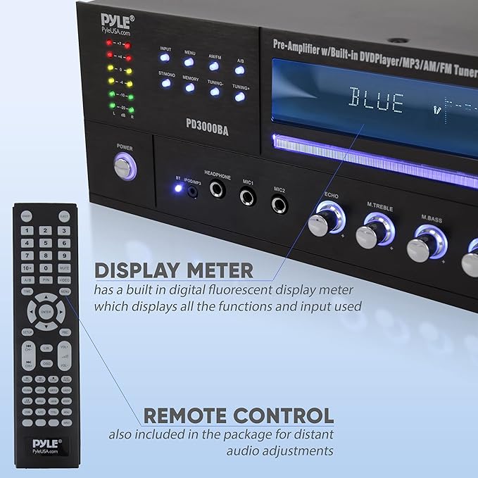 Pyle 4 Channel Bluetooth Home Amplifier - Front Loading DVD/CD Player - 3000W Peak Stereo Receiver - 2 Mic Inputs w/ Echo, FM Radio,Optical In,USB,RCA,Composite, LED Level Meter, Rack Mount - PD3000BA