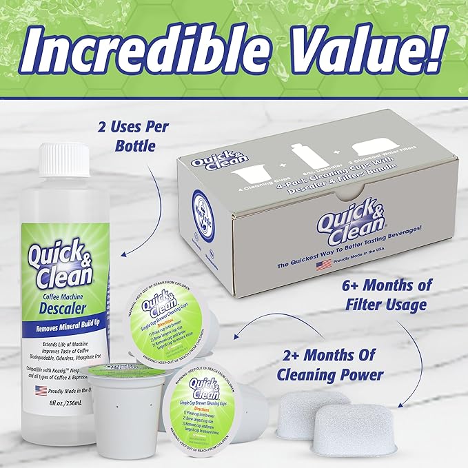 Quick & Clean 4-Pack of Cleaning Cups + 2 Filters with Descaler Bundle (2 Total Uses) - 2.0 Compatible, Descaling Solution for Keurig, Nespresso, Ninja, Delonghi, All Coffee and Espresso Machines…