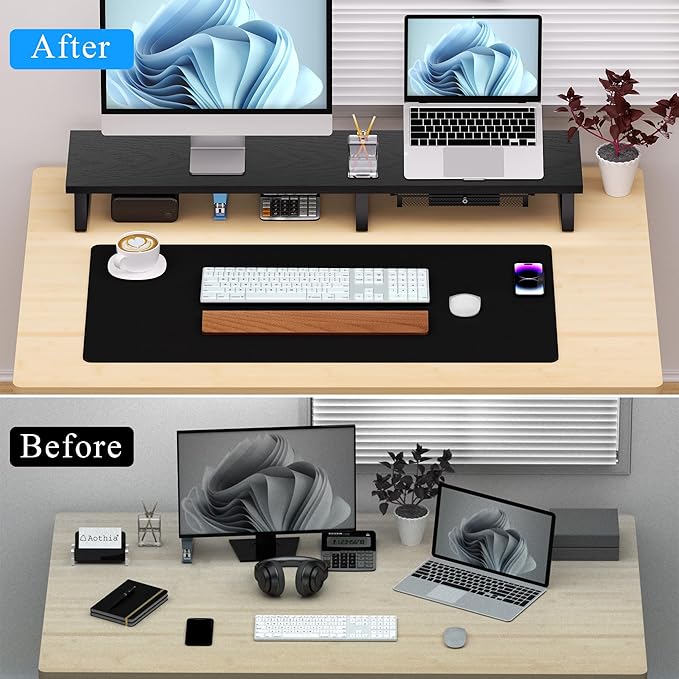 Aothia Large Dual Monitor Stand Riser - Monitor Stand For 2 Monitors, Monitor Stand With Drawer,Desk Shelf For Monitor, Wood Monitor Riser Stand with Storage Organize For Pc,Tv,Laptop,Screen (Black)