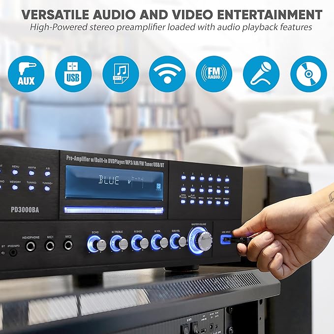 Pyle 4 Channel Bluetooth Home Amplifier - Front Loading DVD/CD Player - 3000W Peak Stereo Receiver - 2 Mic Inputs w/ Echo, FM Radio,Optical In,USB,RCA,Composite, LED Level Meter, Rack Mount - PD3000BA