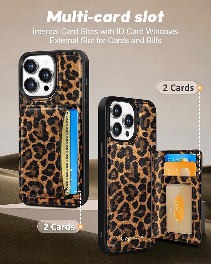 for iPhone 13 Pro Max Case with Wallet - Fits 4 Card Slots, Compatible with MagSafe for Women Aesthetic Durable PU Leather Credit Card Holder Kickstand Phone Cover for Apple 13 Promax, Leopard
