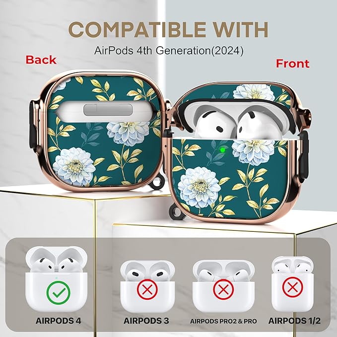 Maxjoy for AirPods 4 Case with Lock, Cute AirPods 4 Case Lock Protective Hard AirPod 4 Generation Cover for Women Girly with Keychain Clip for AirPod 4th Generation Cover 2024, Floral