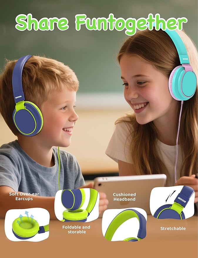 MIDOLA Volume Limited 85/110dB Kids Headphone Over-Ear/On-Ear Foldable Sound Noise Protection Headset with Inline AUX 3.5mm Cord w/Mic for Child School Cellphone Pad PC Notebook DeepBlueSky