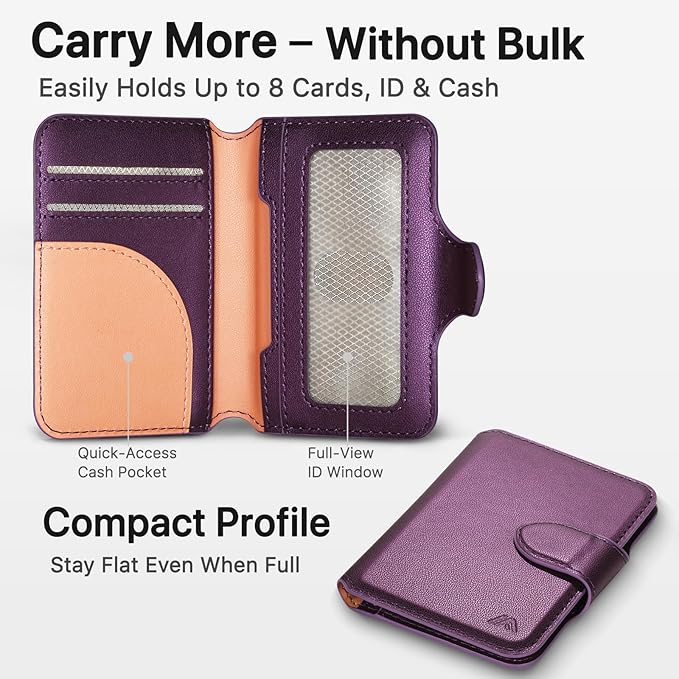 for MagSafe Wallet, Magnetic Phone Wallet RFID Blocking, Slim 5-8 Card Holder with Cash Slot & Clear ID Window, Minimalist Mag Safe Wallets for iPhone 17/16/15/14/13/12 Series, Amethyst Purple