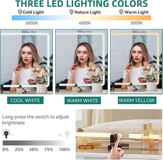 YITAHOME Vanity Desk with Lighted Mirror and Power Outlets, Makeup Vanity Table with Stool with Hidden Storage, 10 Drawers, Tempered Glass Top, 3 LED Colors, Makeup Table Home Furniture