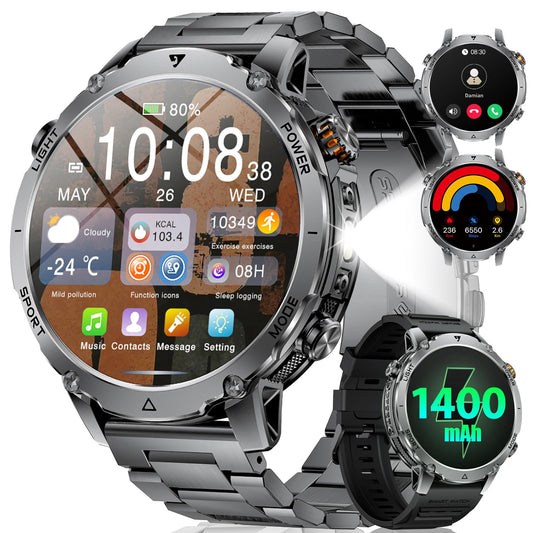 LIGE Military Smart Watch for Men, 1400mAh 60-Days Battery, 1.85" HD Smartwatch with LED Flashlight, 100+ Sports Mode, IP68 Waterproof, Pedometer, Fitness Watch for Android iOS