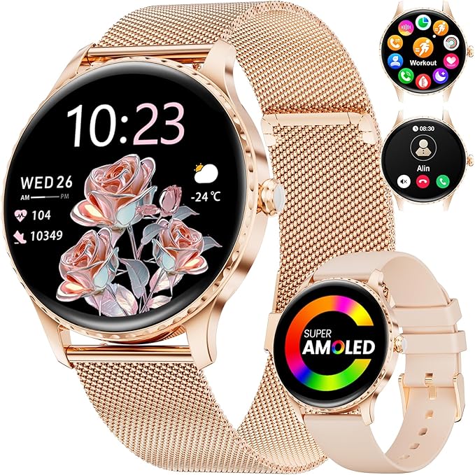 Smart Watch for Women(Answer/Make Calls),1.32" AMOLED Display Fitness Tracker with121 Sports Modes,Heart Rate & Sleep Monitor,Activity Trackers IP68 Waterproof 2 Straps, for Android iOS