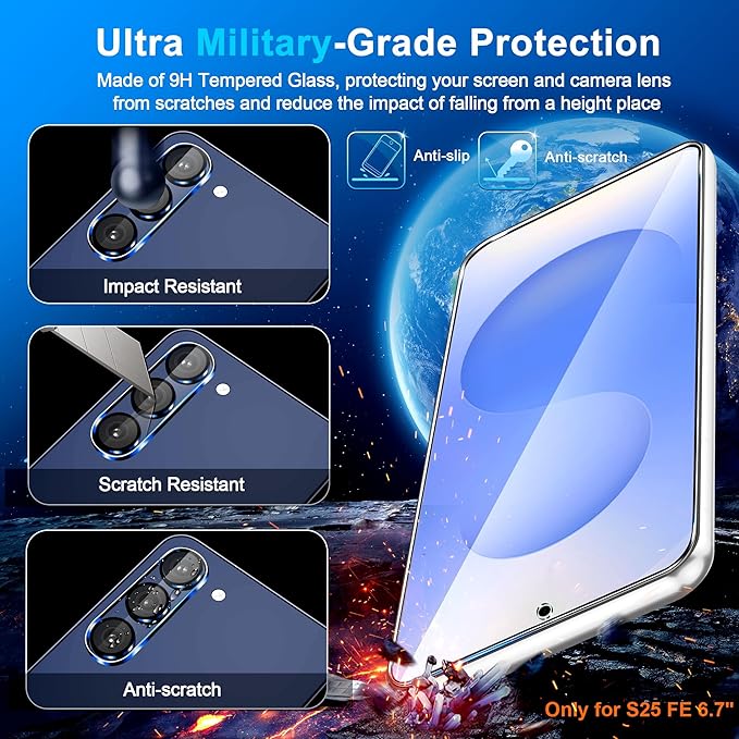 3 Pack for Samsung Galaxy S25 FE Screen Protector Tempered Glass + 3 Pack Camera Lens Protector, Military Grade Shatterproof, 9H Hardness, Fingerprint Unlock, Case Friendly 6.7 Inch