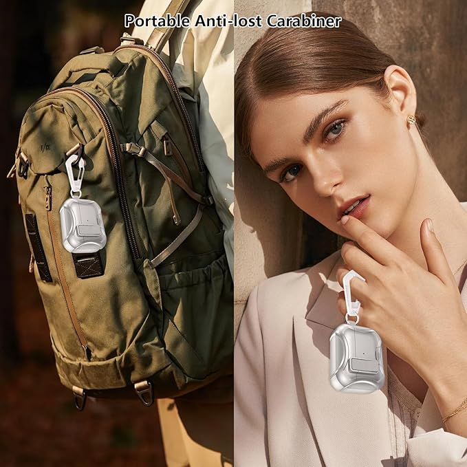 for Airpods Pro 3 Case,Safety Lock&Phone Stand for Airpods Pro 3rd Generation Case Cover,Magsafe Compatible,Auto Pop-up,Military-Grade Protection Design with Carabiner&Cleaning Pen-Silver