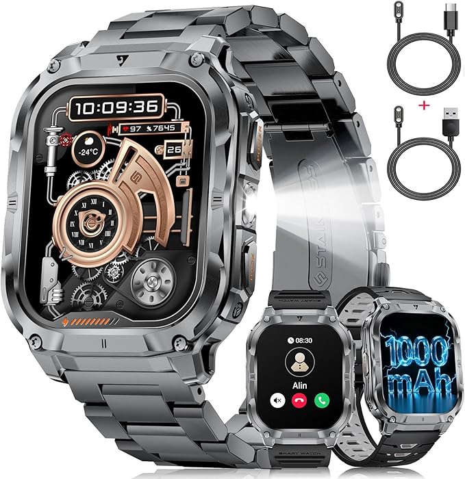 Military Smart Watch for Men(3 Bands),1000mAh/2 HD Large Screen Smartwatch, Flashlight/110+ Sports Modes, Fitness Tracker Watch for Android iOS,Light Black