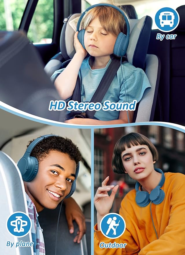 DyBaxa Over-Ear Foldable Pink Kids Headphones, Volume Limiter 94dB Over-Ear Foldable Blue Kids Headphones, Volume Limiter 94dB